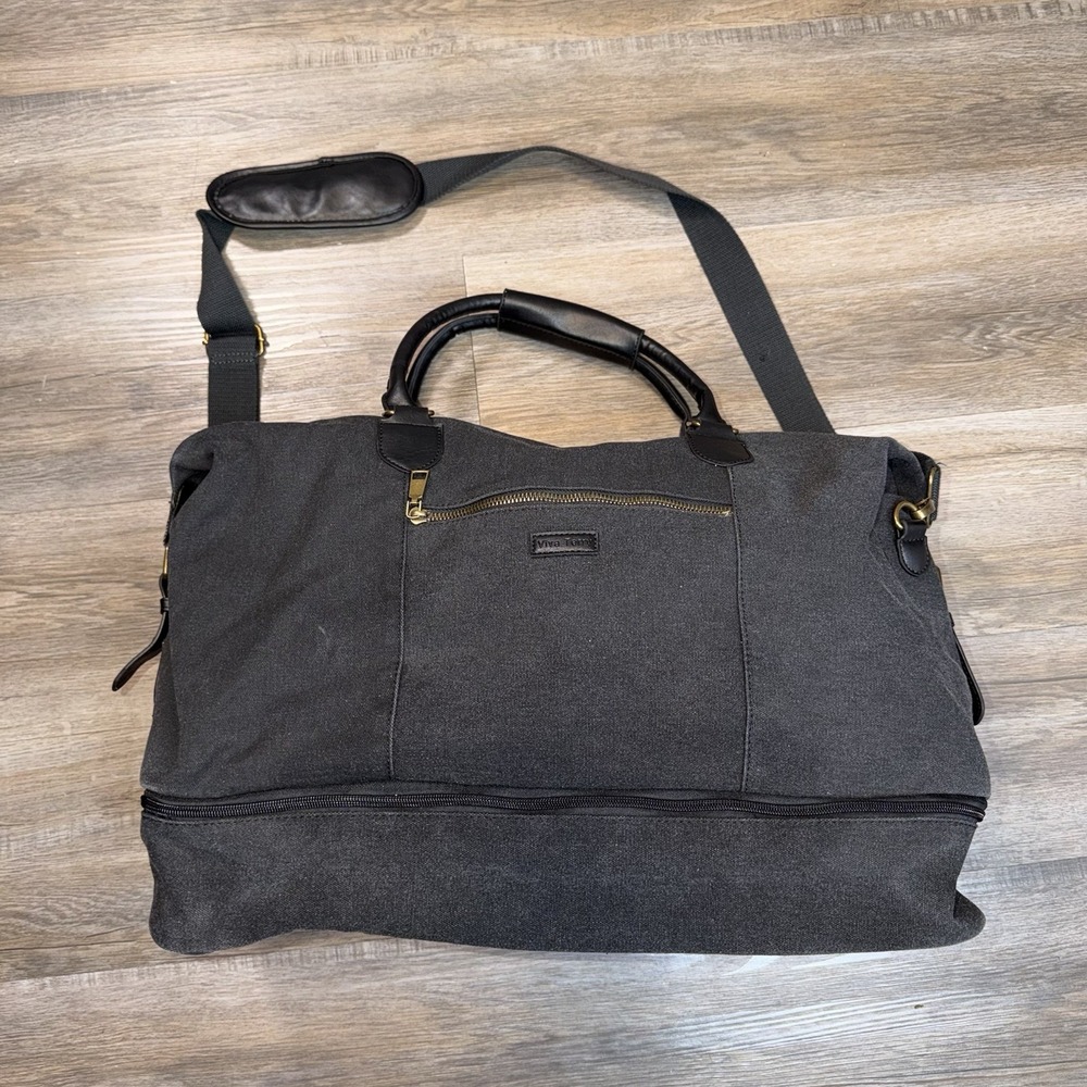Viva Terry Weekender Duffel Bag Dark Gray Canvas Body Faux Leather Shoe Compart.